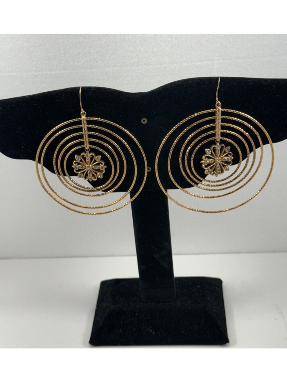 Roberto Cavalli Statement Earrings Gold Tone Crystal Rhinestone Floral Concentri